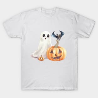 Cute Ghost with Pumpkins and A Bat T-Shirt